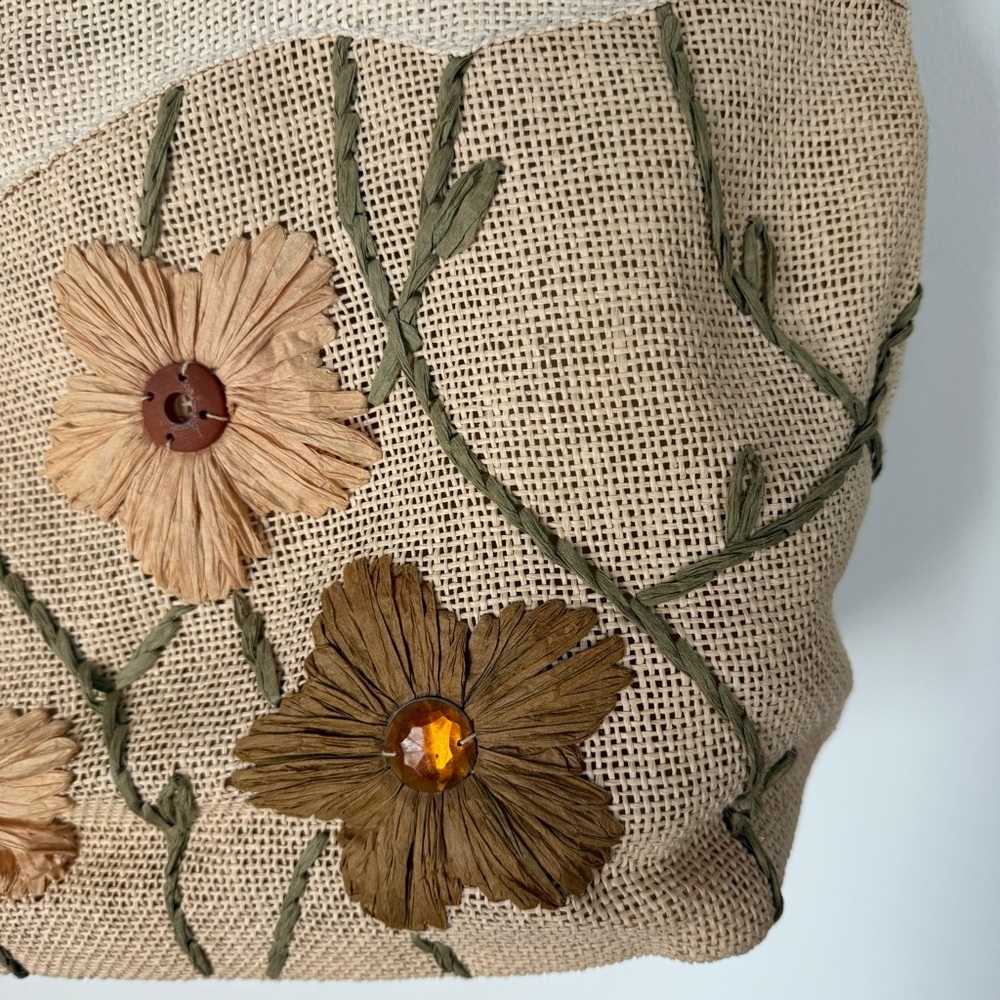 Beige Floral Embroidered Straw Tote Bag - Picture 4 of 9